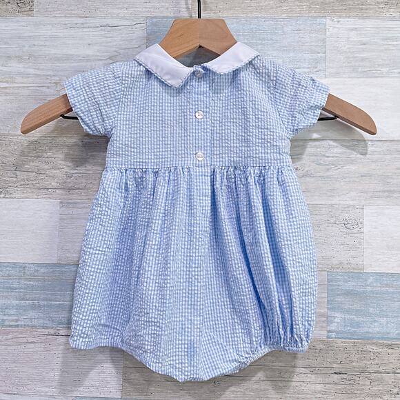 LuLu Bebe Seersucker Easter Bunny Romper Blue Peter Pan Collar Smocked Baby 9M - Picture 3 of 6